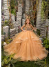 Beaded Gold Lace Tulle Ruffle Floor Length Flower Girl Dress